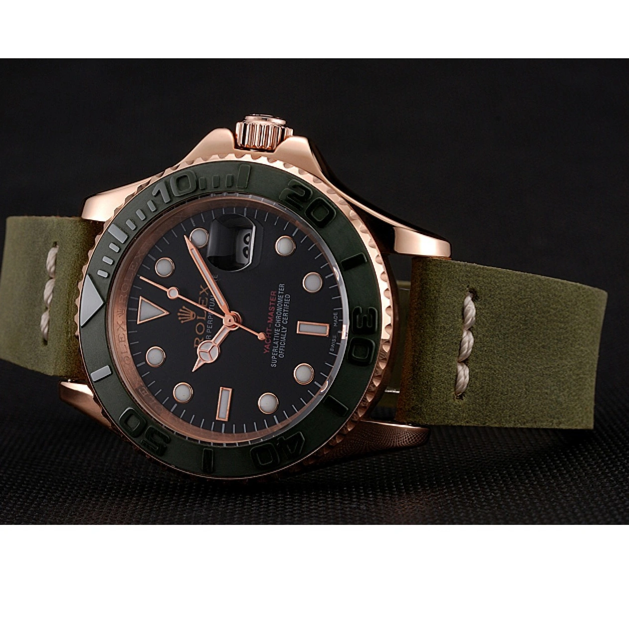 MiroTime 1013 Rolex Yacht Master Black Dial Green Bezel Rose Gold Case Green Leather Bracelet 1453862
